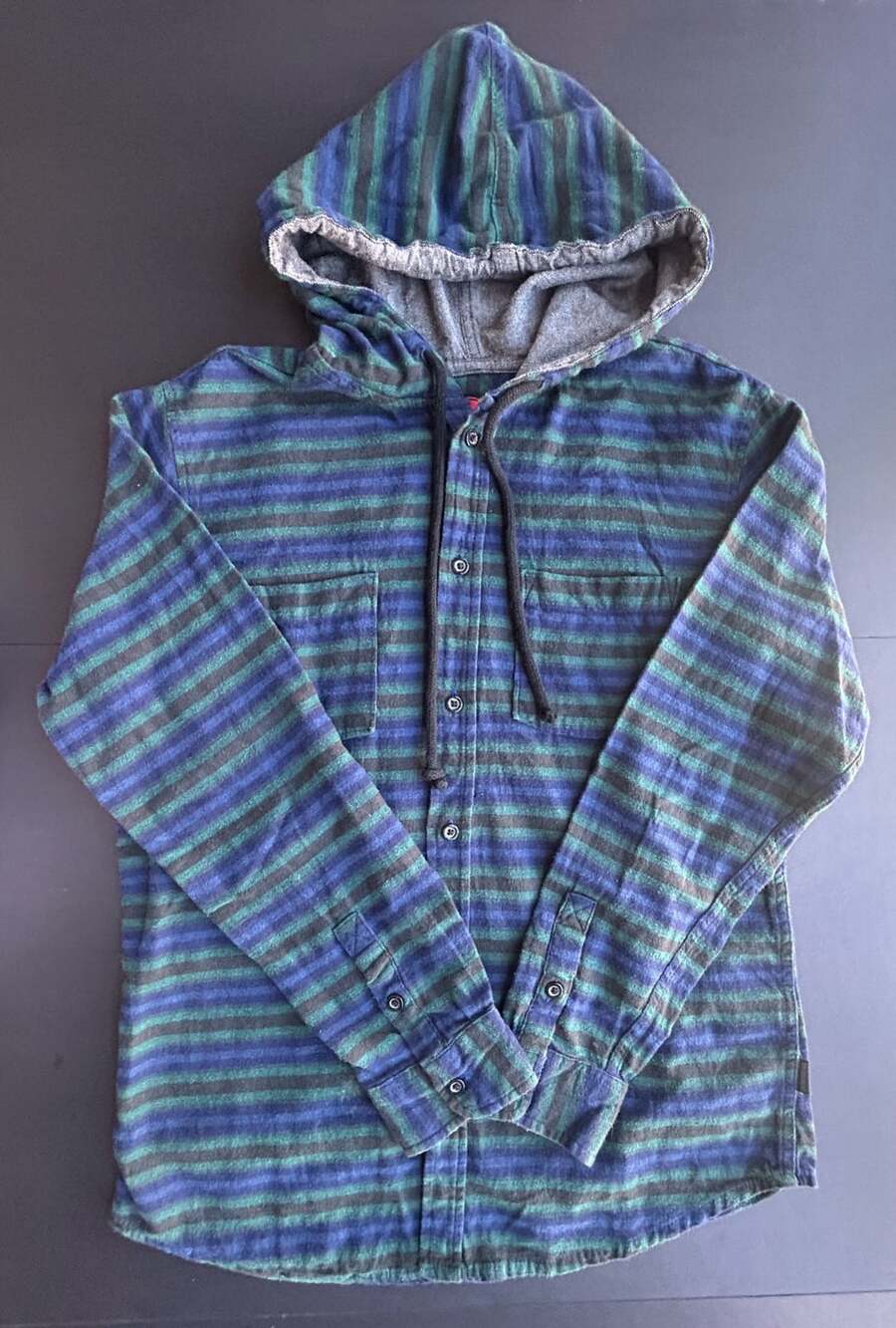 Quiksilver Hooded Flannel Shirt Size L Striped Blue Green